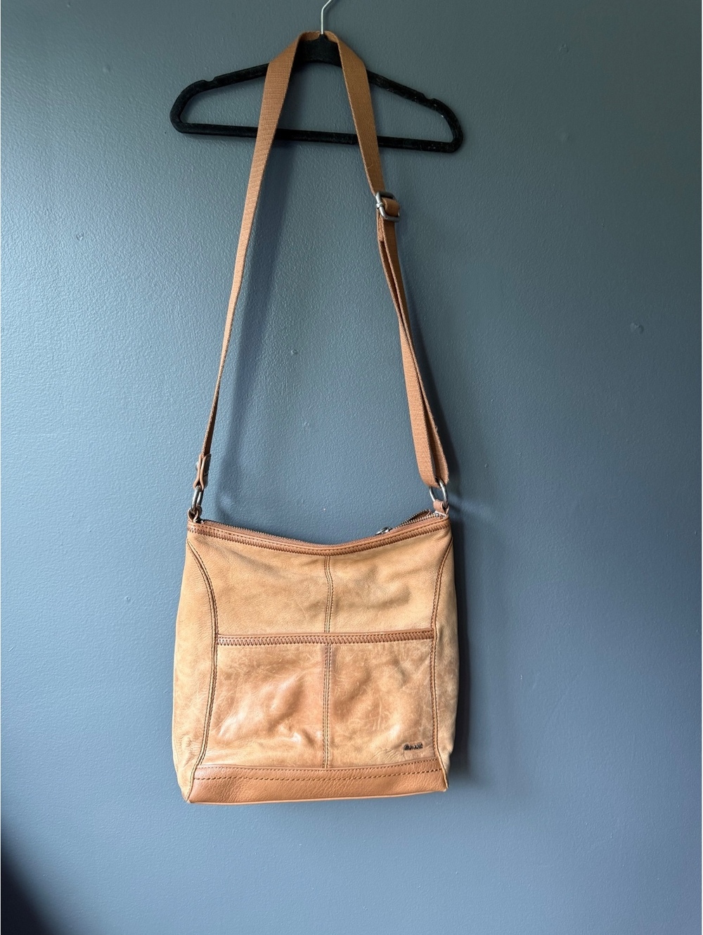 The Sak Tan Leather Crossbody Bag with Floral Embossed Pocket